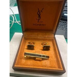 Vintage YSL Onyx & Gold Tone Cufflink & Tie Clip Set w/ Original Box
